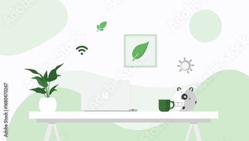 Modern Workspace with Laptop, Plants, and a Whimsical Panda-Like Character.