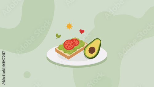 Delicious Avocado Toast with Tomato, Sun, and Heart, Healthy Breakfast.