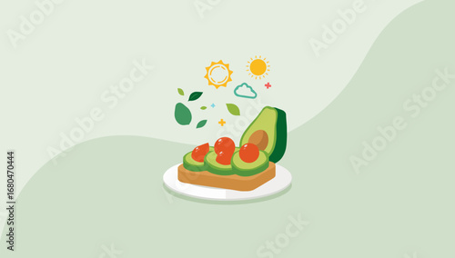 Stylized Avocado Toast with Cherry Tomatoes and Floating Iconography