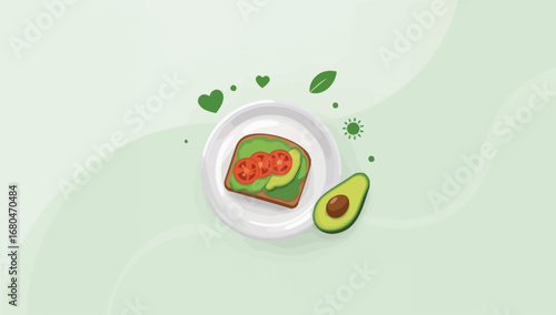 Avocado Toast with Sliced Tomatoes and Avocado Half on a White Plate