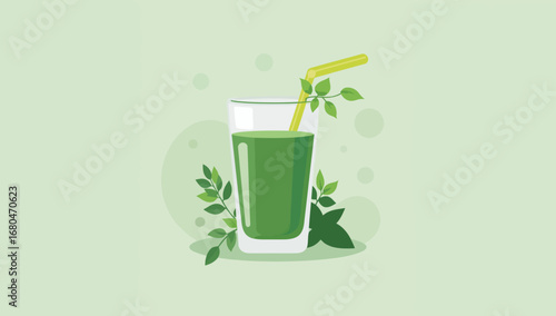 Refreshing Green Smoothie in a Glass with Leafy Embellishments and Straw