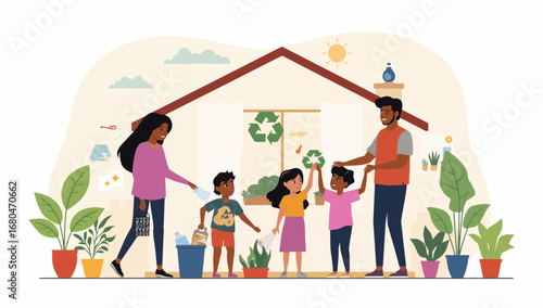 Family Recycling Together at Home with Plants and a Bright Sun
