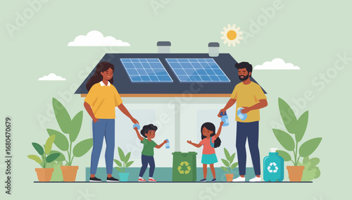 Family Recycling Together with Solar Panels on the Roof, Promoting Sustainability.