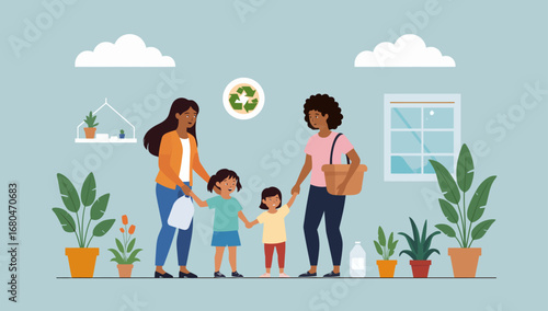 Two Mothers and Children Embracing Eco-Friendly Living and Recycling