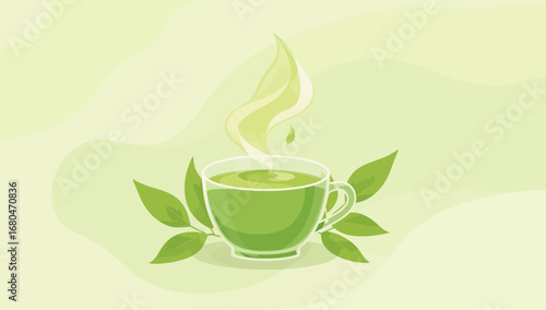 Aromatic Green Tea Cup with Steaming Vapor and Fresh Leaves