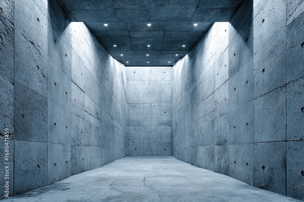 Obraz premium Empty, concrete hallway, lit by overhead lights