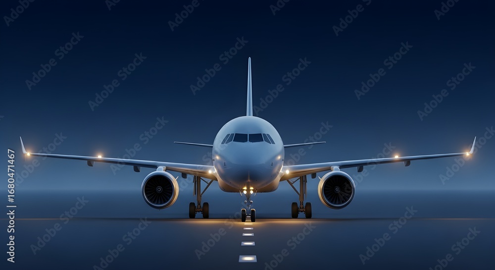 Naklejka premium Modern Jet Airplane on Tarmac at Night with Illuminated Runway aircraft airliner