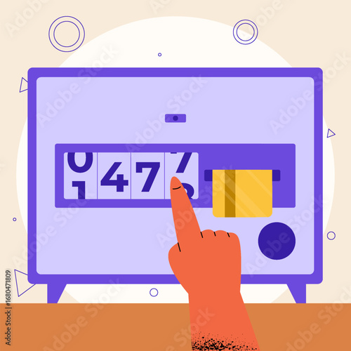 Stylized point-of-sale machine with a finger entering numbers and a card inserted. Modern billing and kiosk interface concept.