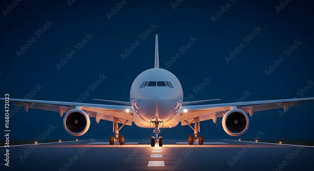 Naklejka premium White passenger jet airplane on a runway at dusk with illuminated lights aircraft