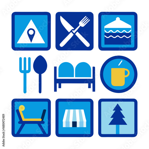 Collection of nine modern flat design icons representing various services and amenities