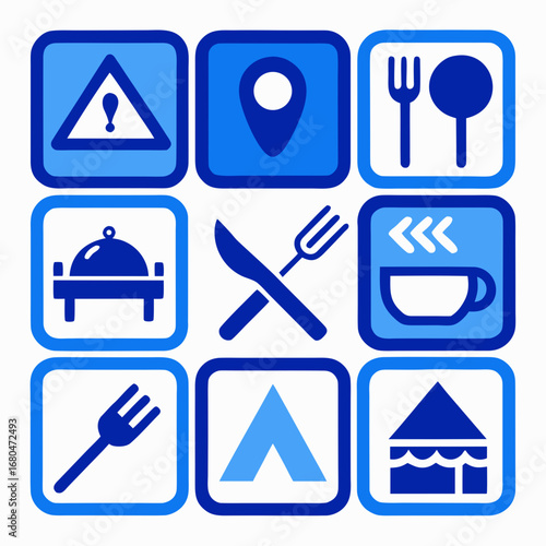 Collection of blue and white icons representing services and amenities