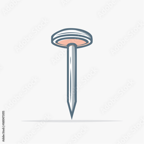 Minimalist vector illustration of a single pointed metal nail. A conceptual graphic icon for hardware, building, and woodworking projects