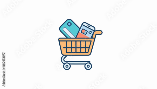 Shopping cart filled with credit card and smartphone, online purchase concept
