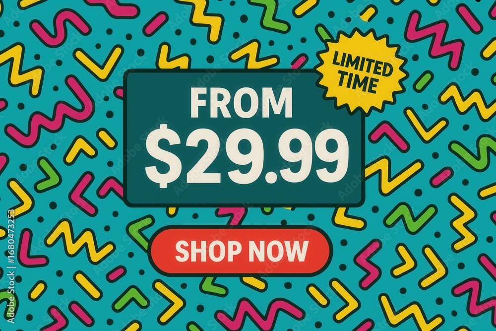 Obraz premium Promotional banner with FROM $29.99 limited time offer, vibrant playful style, attention-grabbing retail discount promo.