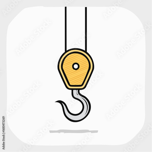 A vibrant yellow industrial crane hook suspended from a cable, symbolizing the power of lifting and construction. A simple vector doodle icon