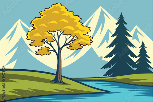 Scenic nature landscape featuring a bright yellow tree near a winding river and snowy mountains