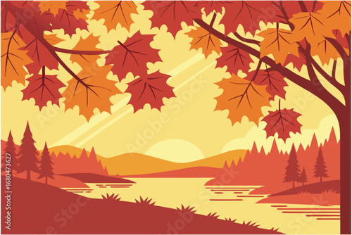 Autumn foliage frames a peaceful lake beneath a warm, setting sun background