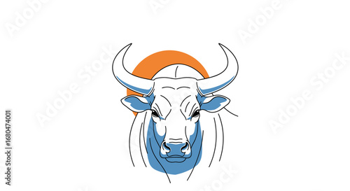 Powerful bull head illustration with orange sun symbol of strength and determination in minimalist design