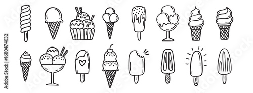 ice cream doodle hand drawn icon set. Outline drawing ice cream line clipart symbol collection