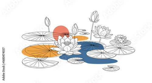 Elegant serene water lilies and lotus flowers blossom in a tranquil pond at sunrise with abstract colorful shapes