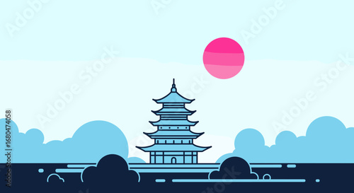 Serene east asian pagoda architecture with a vibrant sunset sky and wispy clouds in a stylized landscape
