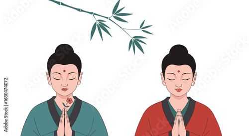 Two serene individuals in traditional attire meditating peacefully beneath a sprig of bamboo leaves evoking tranquility and spiritual harmony