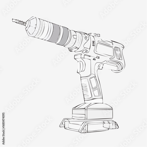A precise vector line art illustration of a modern cordless power drill, representing the concepts of construction, DIY, and engineering precision