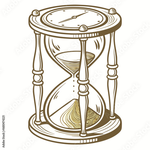 Illustration of an antique hourglass with sand flowing through the glass and a compass on the top part created with generated ai