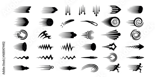 Vector art of collection of black speed lines, motion blur effects, arrows, and running figures