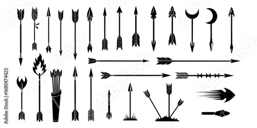 Vector art of collection of various arrow designs, including tribal, vintage, and modern styles for archery and hunting purposes