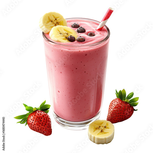 Refreshing strawberry banana smoothie in a glass with blueberries and a straw surrounded by fresh strawberries and banana slices on transparent background