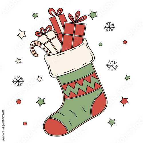 Christmas stocking filled with gifts and candy cane surrounded by stars and snowflakes decoratively created with generated ai