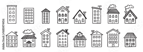 House building with roof doodle hand drawn icon set. Outline drawing house building with roof line clipart symbol collection