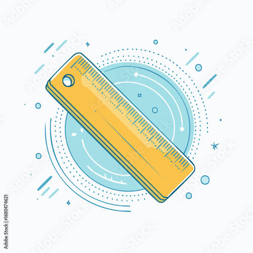 A classic measuring ruler for school or office work, depicted as a stylish vector line art icon on a decorative abstract background