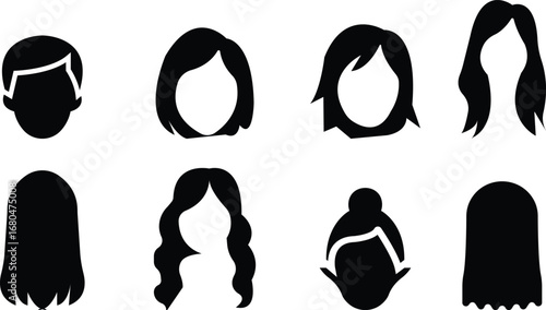 Hair Style Icon set, Featuring Haircut, Salon, Beauty, Fashion, Barber Tools, Comb, Scissors, Blow Dryer, Curler, Straightener, and Grooming Symbols in Vector Style, beauty style fashion silhouette