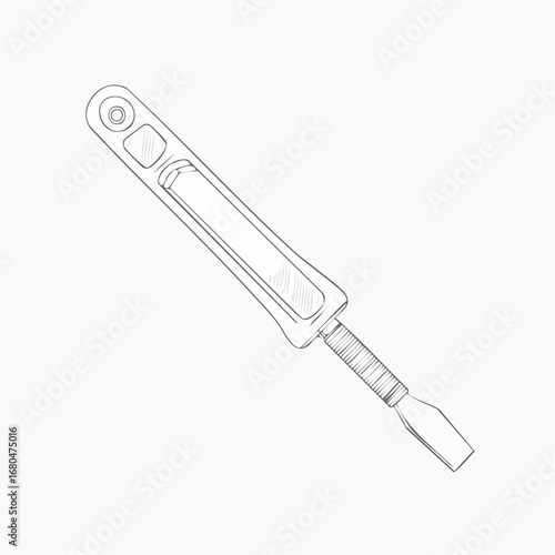 Hand-drawn line art illustration of a precision pry tool for electronics repair and delicate tasks