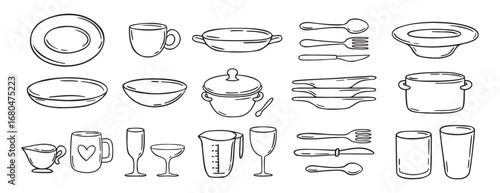 dishes dinnerware doodle hand drawn icon set. Plate, glass and cup, mug, bowl. Outline drawing tableware for kitchen line clipart symbol collection