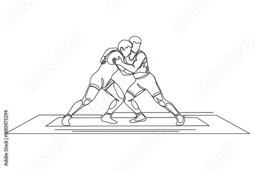 continuous line drawing of two wrestlers in a close embrace, demonstrating a wrestling move on a mat