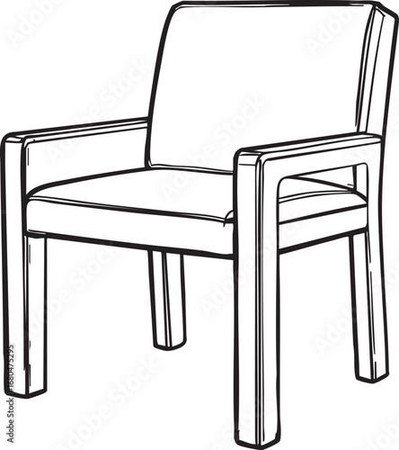 Cushioned chair with straight legs and armrests black and white line art illustration for furniture and interior design themes