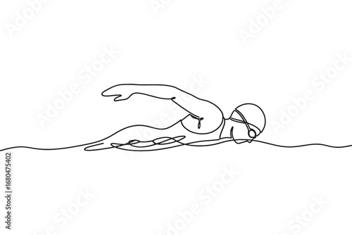 continuous line drawing of a swimmer performing the freestyle stroke in water