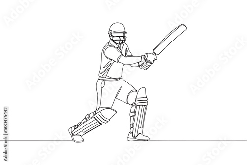 continuous line drawing of cricket batsman playing a shot