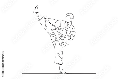 continuous line drawing of karate fighter performing a high side kick