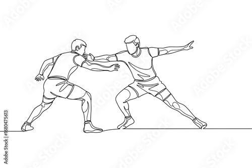 Continuous line drawing of two athletes in a wrestling match