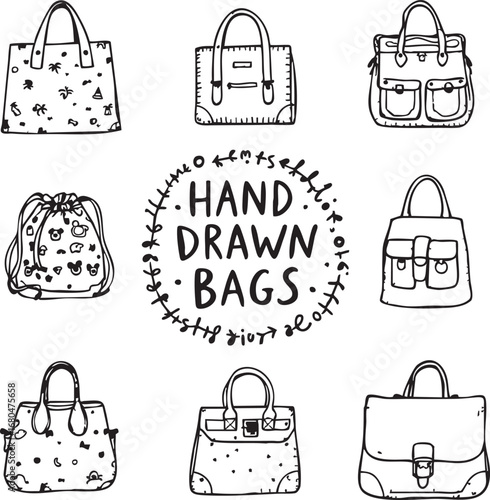 Set of hand-drawn fashion bags black and white sketch illustration featuring tote, backpack, satchel, and handbag designs