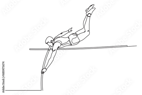 Continuous line drawing of athlete performing a high jump over a bar