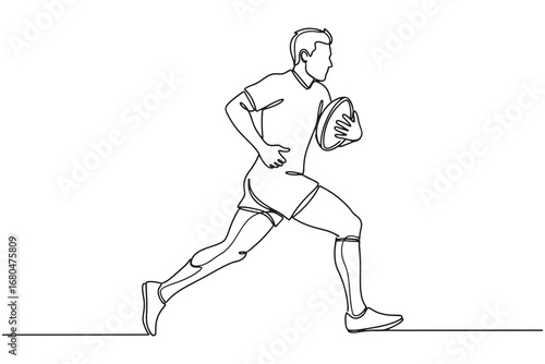 Continuous line drawing of rugby player running with ball