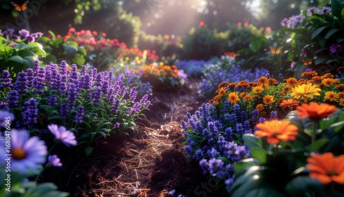 Diverse Polyculture Garden with Interplanted Vegetables Herbs and Flowers, Supporting Biodiversity and Natural Pest Control in Regenerative Farming...