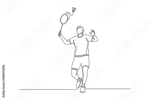 continuous line drawing of a badminton player in action