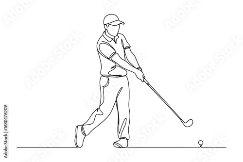 Continuous line drawing of golfer swinging a club