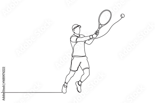 Continuous line drawing of tennis player in action, hitting a forehand shot